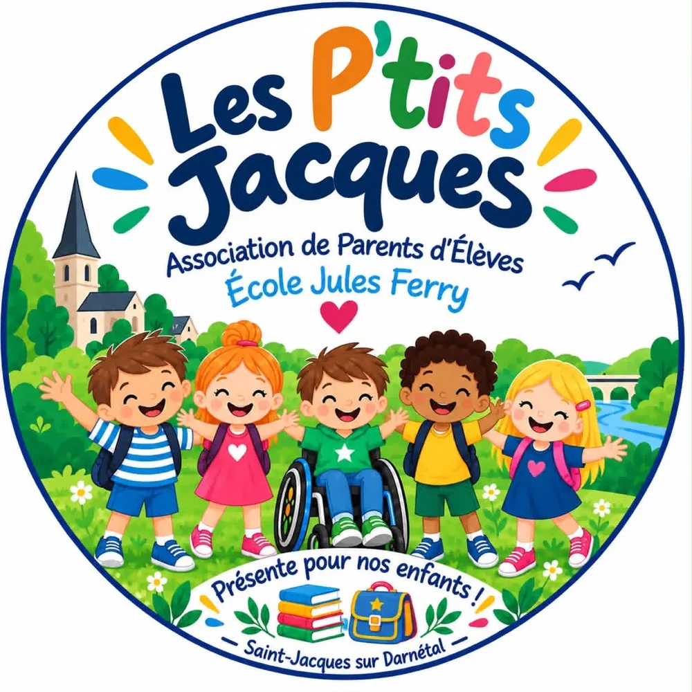 Logo Les P'tits Jacques : cinq enfants souriants, dont un en fauteuil roulant, devant le village de Saint-Jacques-sur-Darnétal